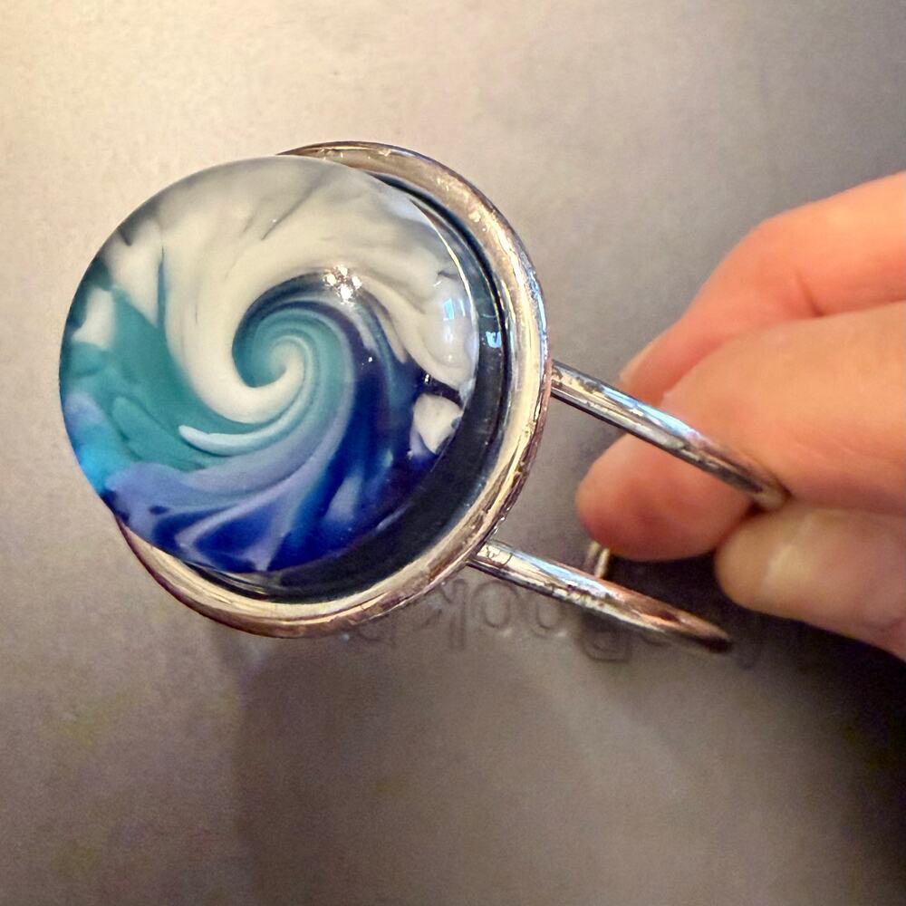 Ocean Wave Art Glass Handcrafted Silver Tone Cuff Bracelet